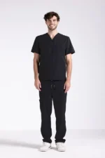 Black medical scrub set for men with jogger pants and V-neck top