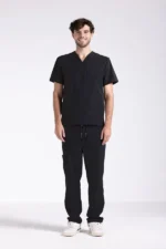 Black medical scrub set for men with jogger pants and V-neck top