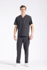 Men’s gray medical scrub with jogger pants – front view